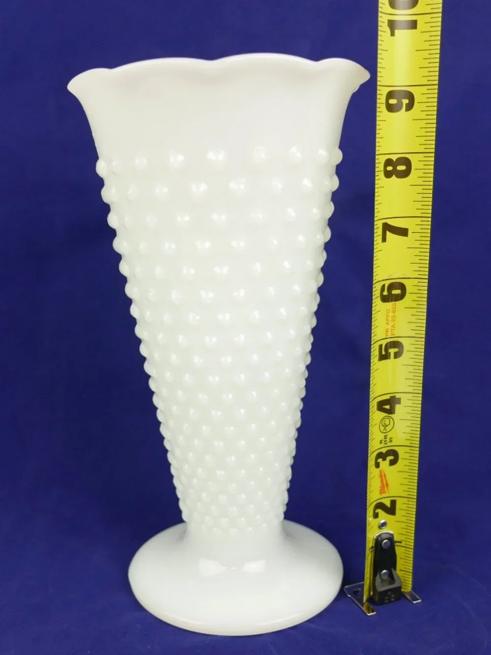 Vintage Anchor Hocking Milk Glass Vase Hobnail Dot & Dash White Scalloped 9